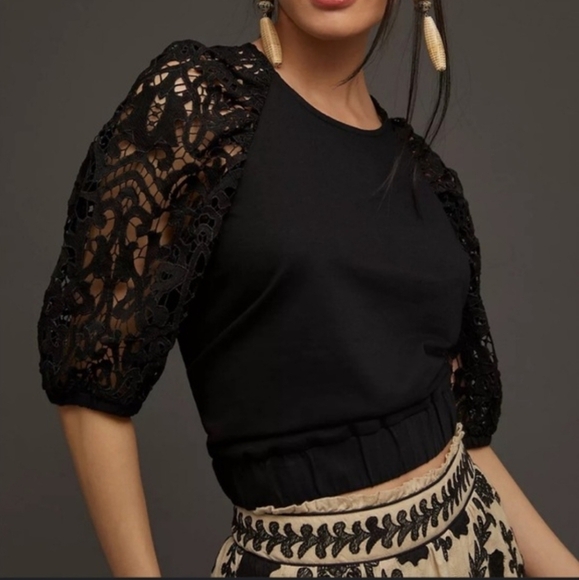 dolan Tops - Anthropologie Dolan Puff Sleeve Blouse Crochet Lace Knit Crop Top Black Small